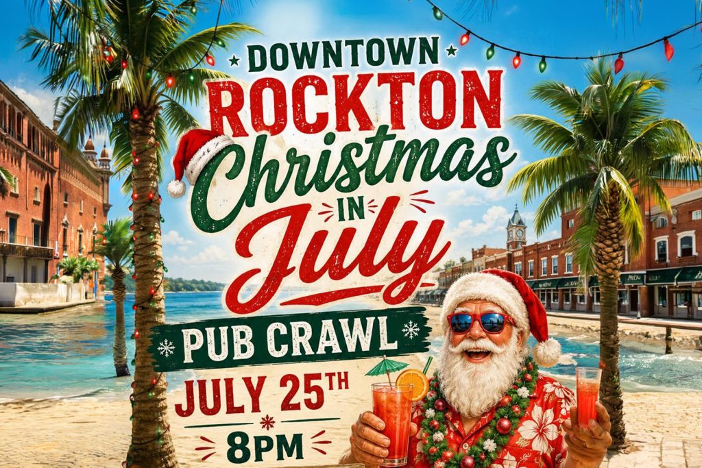AI Santa with palm trees with downtown rockton Christmas in July banner