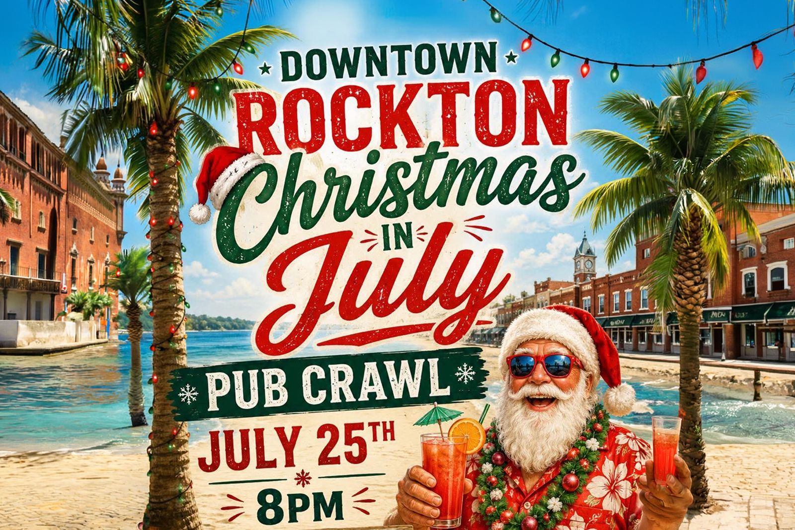 AI Santa with palm trees with downtown rockton Christmas in July banner