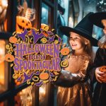 Illustrative image of individuals in hideous costumes. Child exchanging Halloween trick or treat